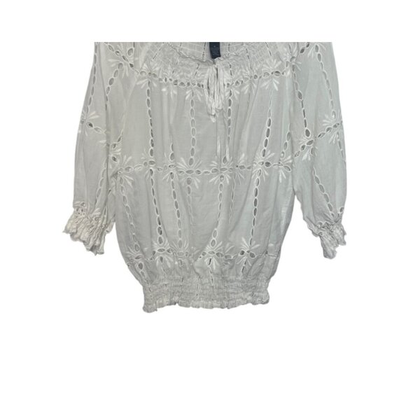 INC Eyelet Peasant Top Womens Size 12 White 3/4 Sleeve Elastic Hem - Picture 4 of 7